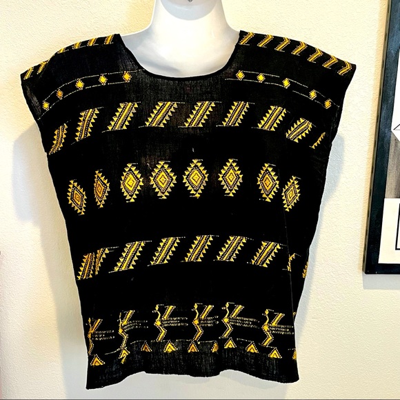 Mexican Black Linen Boho Top Yellow Embroidery XS! - Picture 2 of 5